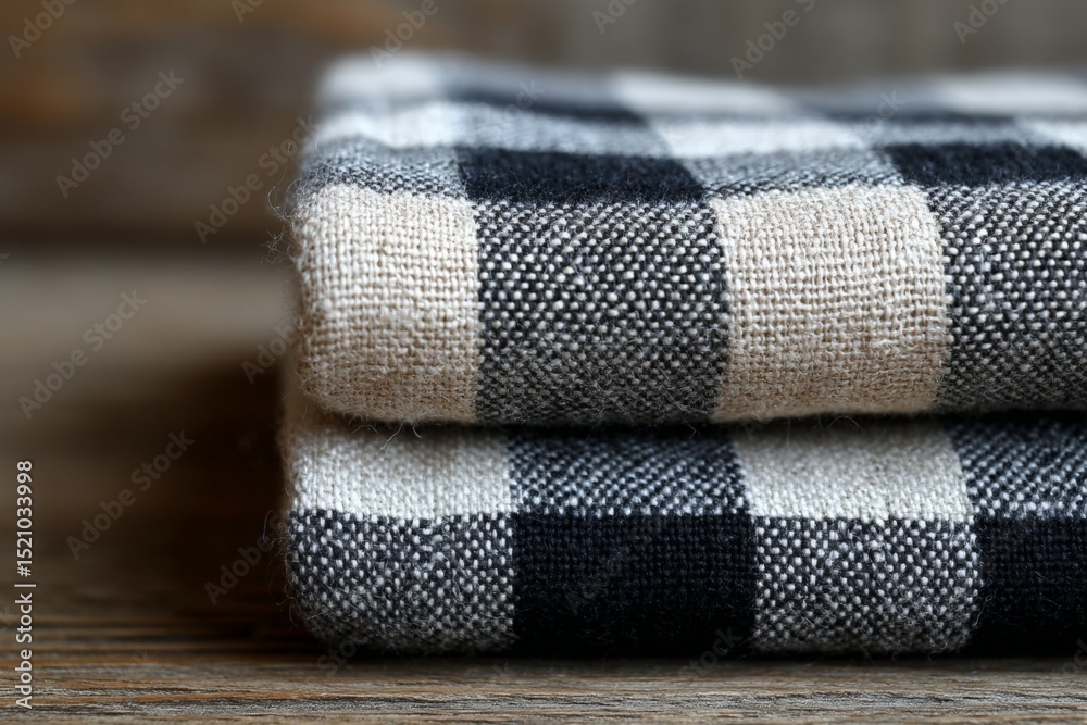 Poster soft checkered fabric folded neatly on a rustic wooden surface in natural light