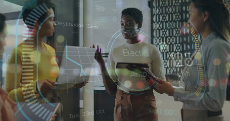 Image of statistics and data processing over business people wearing phone headsets