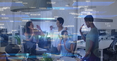 Image of data processing and network of connections over diverse business people in office