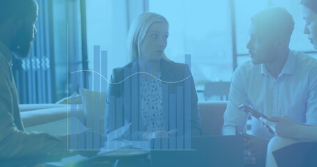 Image of financial data processing over diverse business people in office