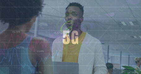 Image of data processing and 5g text over diverse business people in office