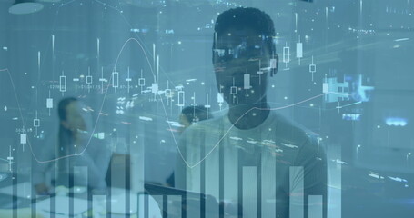 Image of financial data processing and cityscape over diverse business people in office