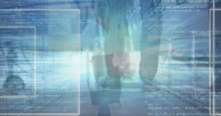 Image of data processing over caucasian businesswoman with baggage