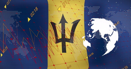 Image of world map and network of connections on blue background