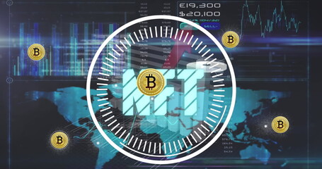 Image of data processing and nft text on blue background