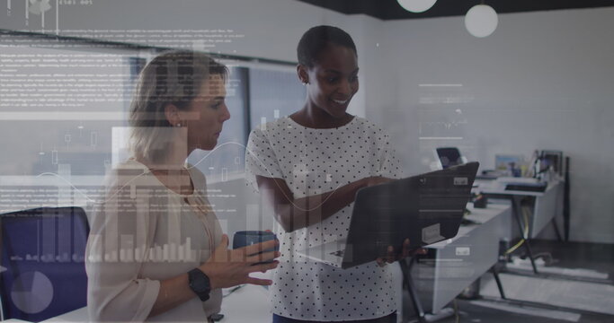 Image of data processing over diverse business people in office - Powered by Adobe