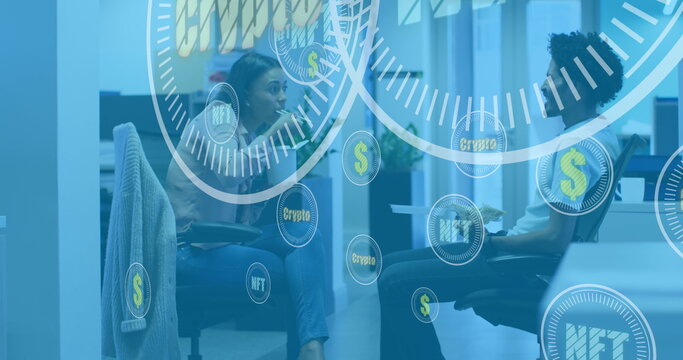 Image of scope scanning and currency symbols over diverse business people in office