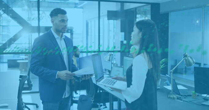 Image of financial data processing over diverse business people in office - Powered by Adobe