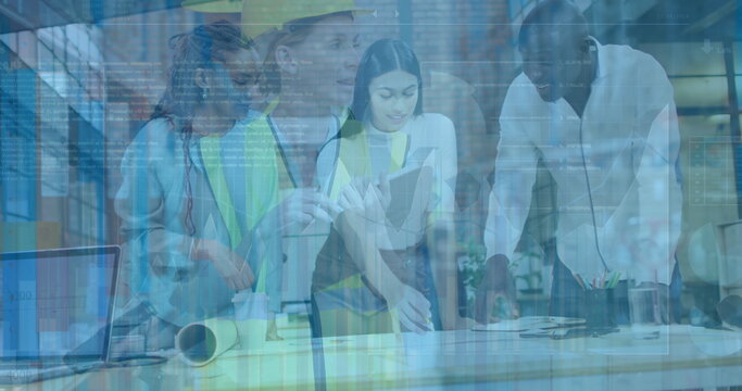 Image of financial data processing and caucasian female worker over diverse business people