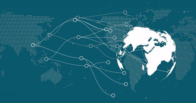 Image of data processing and globe over blue background - Powered by Adobe