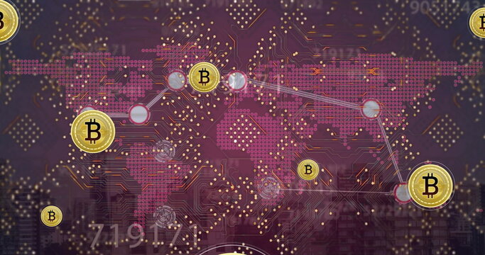 Image of data processing and bitcoins over cityscape