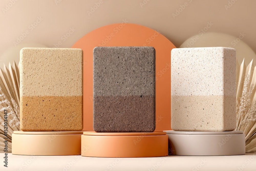Poster creative display of textured soap bars in neutral colors arranged on circular pedestals