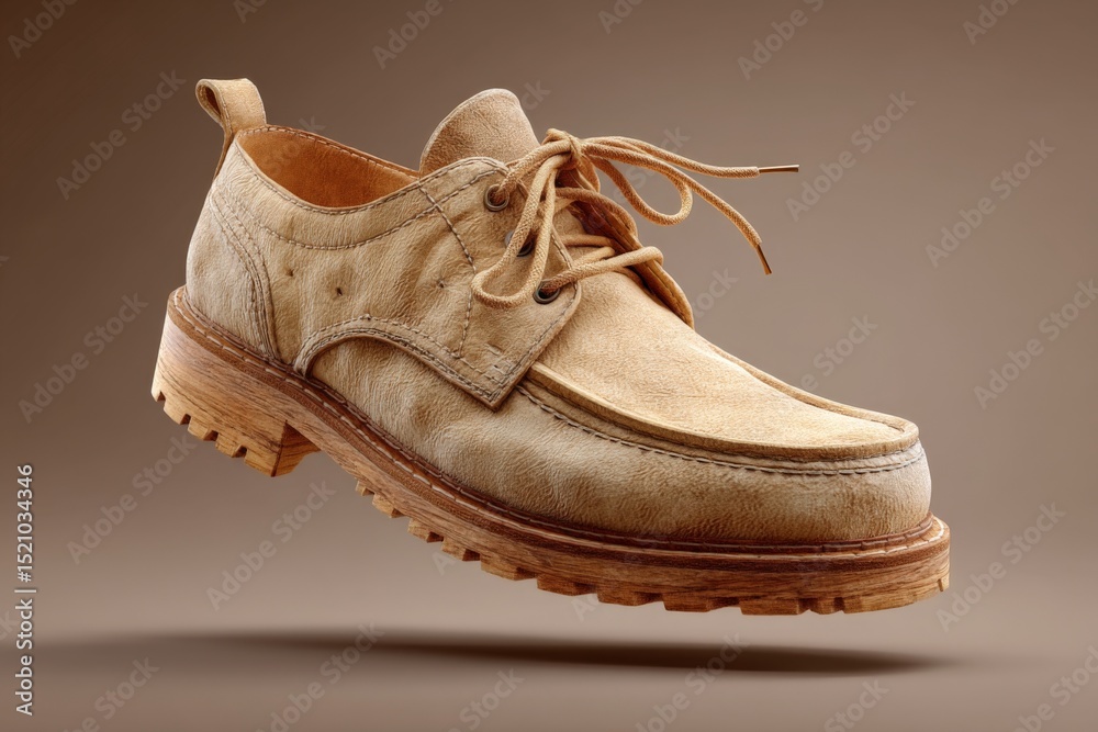 Poster unique handcrafted leather shoe design showcased in creative floating display for a footwear promoti