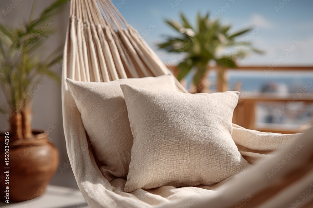 Poster relaxing in a cozy hammock with pillows, overlooking a scenic view during bright daylight hours