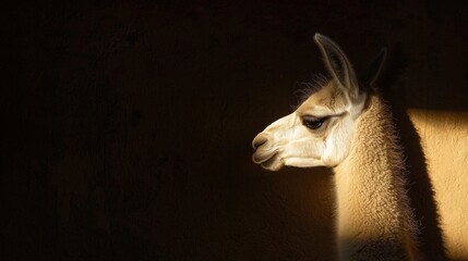 Obraz premium Close-up of a llama's head and neck. the llama is facing towards the right side of the image, with its head turned slightly to the left.