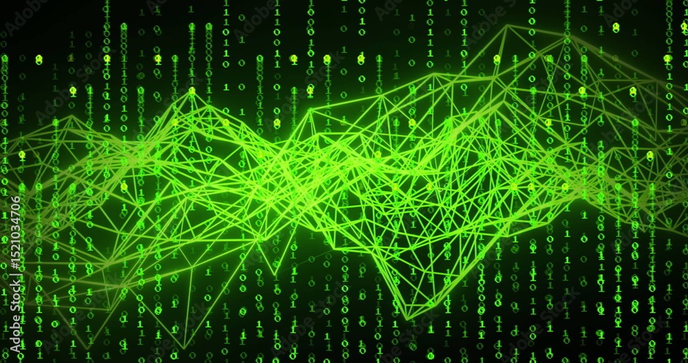 Poster image of data processing and shapes on black background