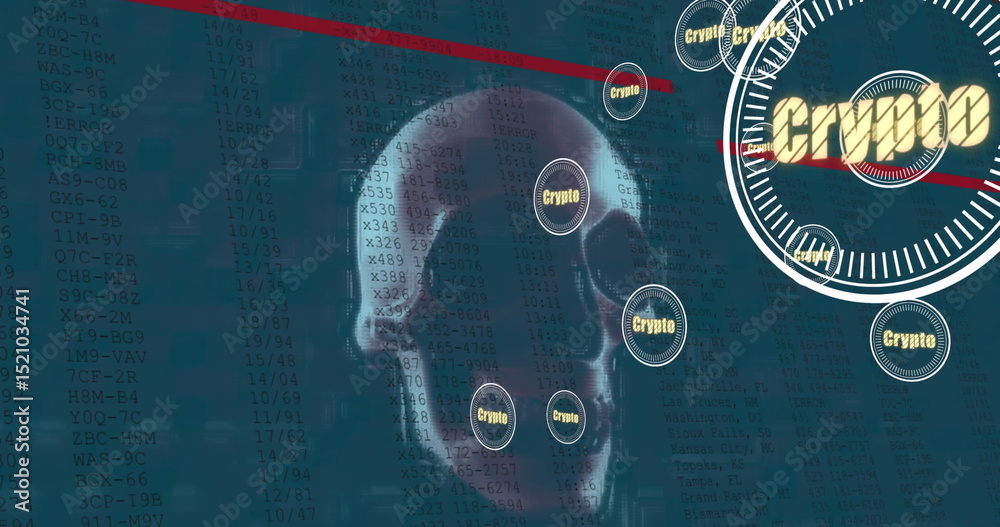 Wall mural image of skull over data processing on black background
