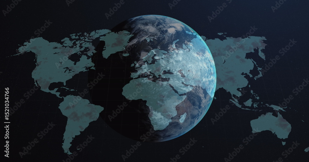 Poster image of globe over world map and data processing