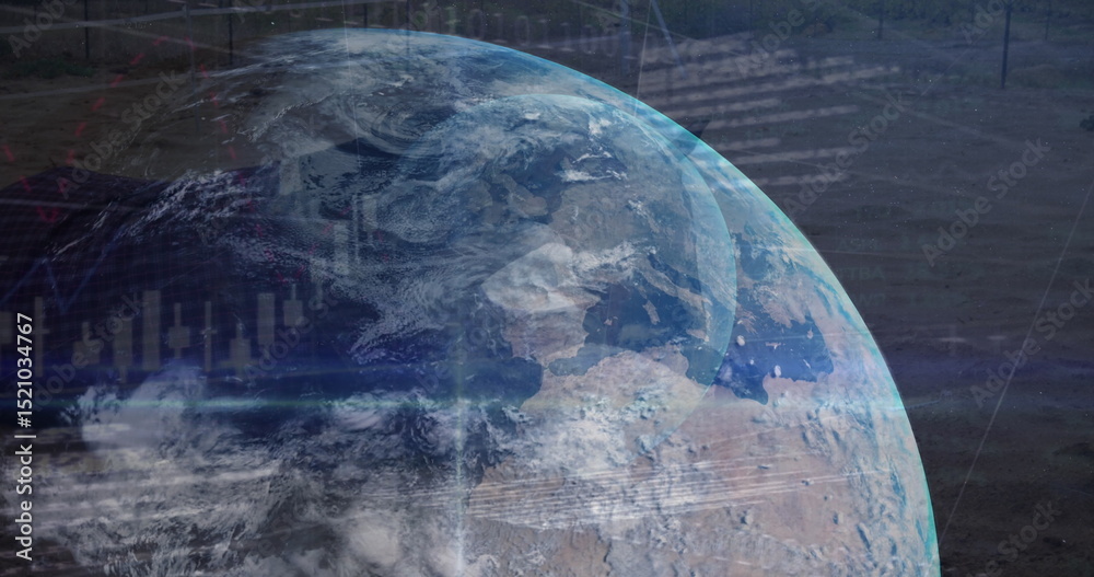 Wall mural image of globe over data processing