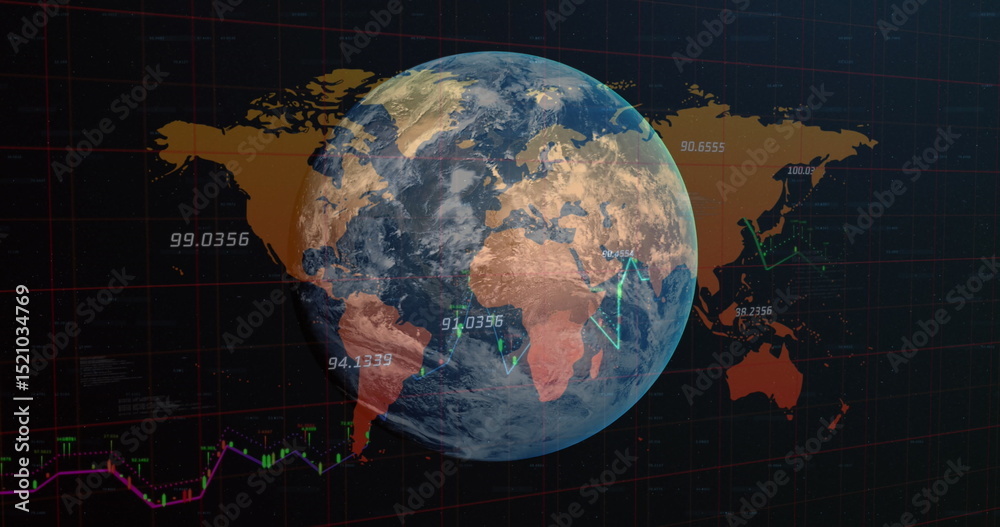 Poster image of globe and numbers over world map and graphs on black background