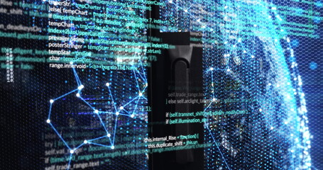 Image of data processing and shapes over server room