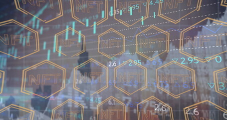 Image of graphs and hexagons over cityscape