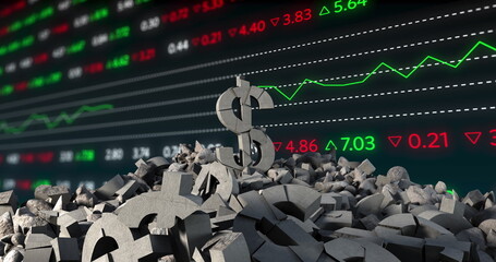 Image of dollar symbol over data processing on black background