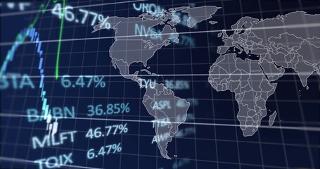 Image of financial data and graph over world map on navy background