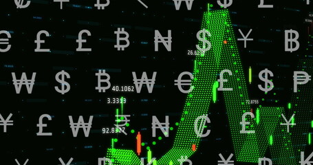 Image of graphs and currency symbols on black background