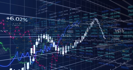 Image of graphs and financial data on navy background