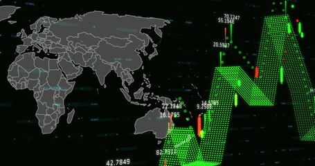 Image of graphs and financial data over world map on black background