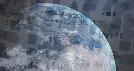 Image of globe and data processing over digital cityscape