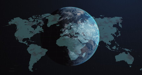 Image of globe over world map and data processing