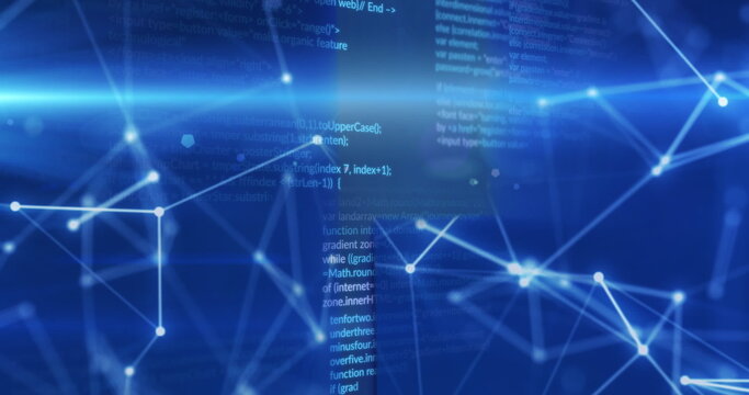 Image of data processing and shapes on blue background - Powered by Adobe