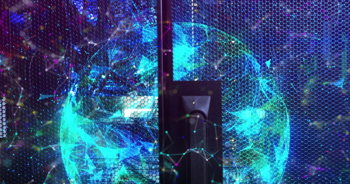 Image of moving shapes and globe over server room
