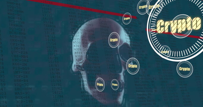 Image of skull over data processing on black background