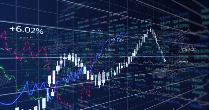Image of graphs and financial data on navy background