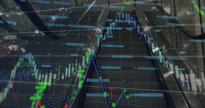 Image of graphs and financial data over escalator - Powered by Adobe