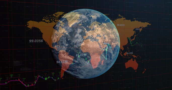 Image of globe and numbers over world map and graphs on black background - Powered by Adobe