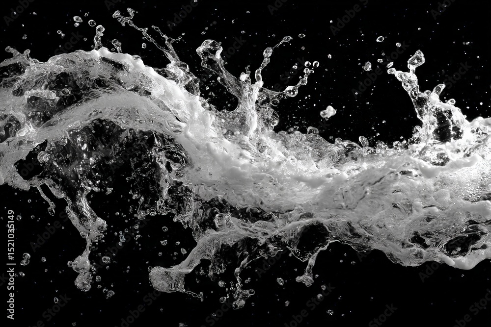 Poster Water splashes dramatically against a black background, showcasing dynamic movement and texture in monochrome