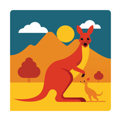 Cartoon Kangaroo and Joey in Desert Landscape
