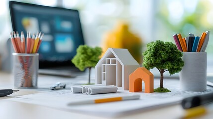 Architectural design workspace with conceptual models and drafting tools