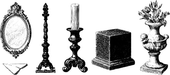 Vintage engraved collection of mantel frames candlesticks and decorative ironwork