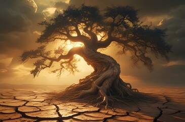 Resilient Tree in Drought-Stricken Land at Sunset &ndash; Concept of Hope and Renewal