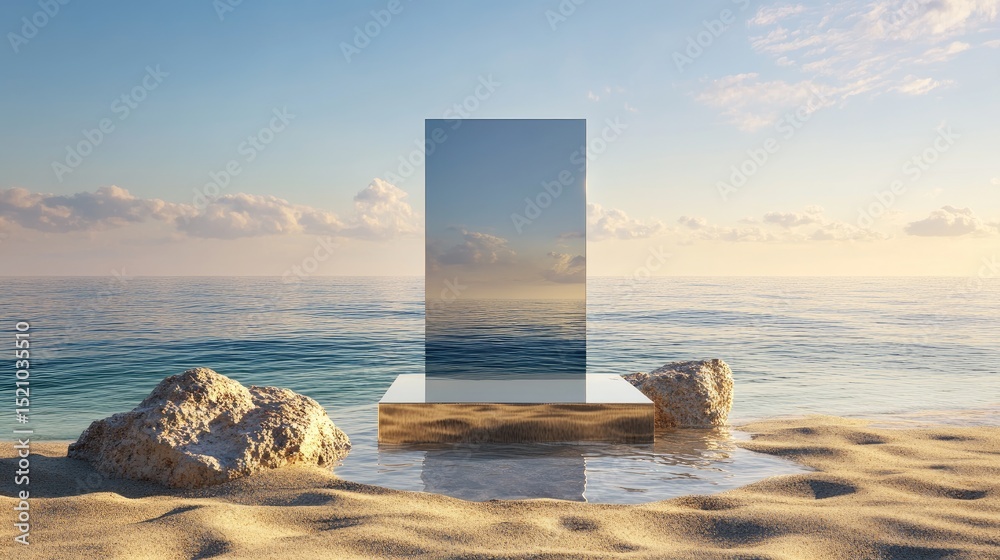 Poster 3d render of minimal surreal podium, glass architecture and vivid sands under calm waterscape