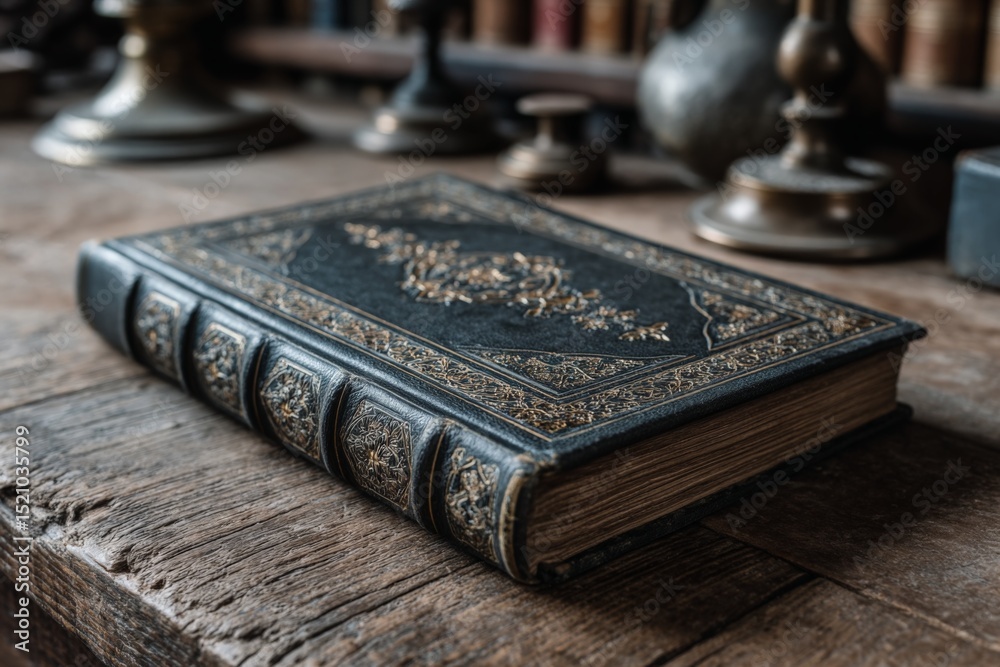 Poster antique leather-bound book resting on a wooden table in a vintage library setting filled with old ar