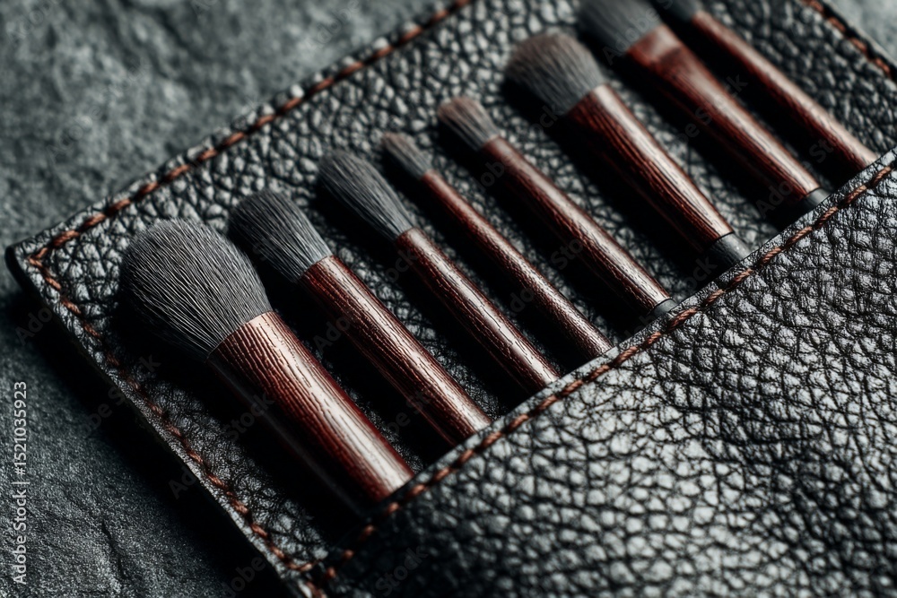 Leinwandbilder artistic makeup brushes lined in a leather case on a textured surface in a bright workshop setting