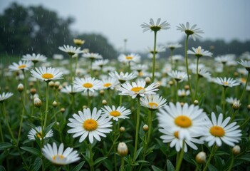 A vibrant field of daisies blooming under a gentle rain