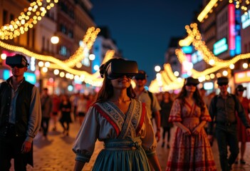 People wearing virtual reality headsets walk through a lively, illuminated street at night