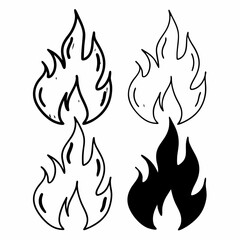 Set of four fire flame icons in black and white. Hand-drawn style vector flames, including outline and solid versions. Perfect for graphic design, tattoo templates, stickers, or web elements.

